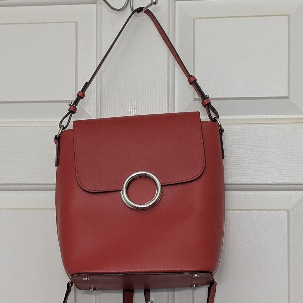 CALVIN KLEIN Women's L-REESE CONVERTIBLE BACKPACK PURSE Real Leather Red